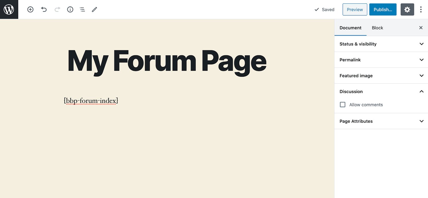 the WordPress page builder tool with the bbPress forum shortcode added