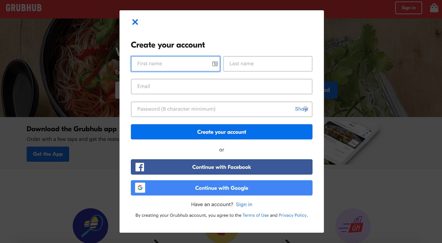 sign up form: grubhub