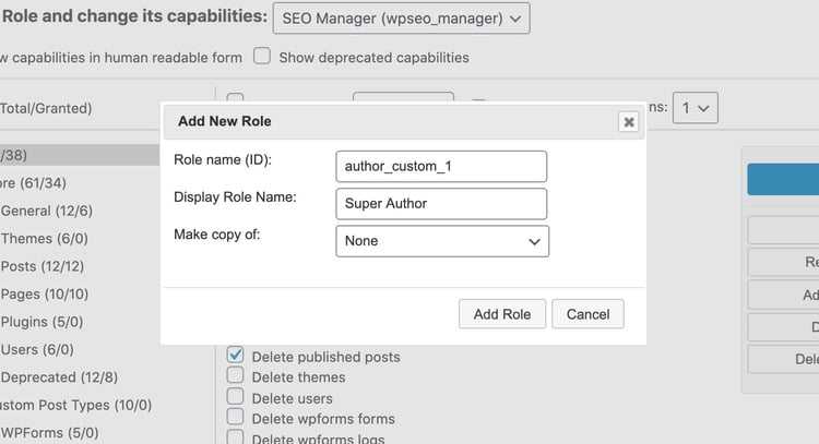 la ventana Añadir nuevo rol para el plugin de WordPress Editor de roles de usuario