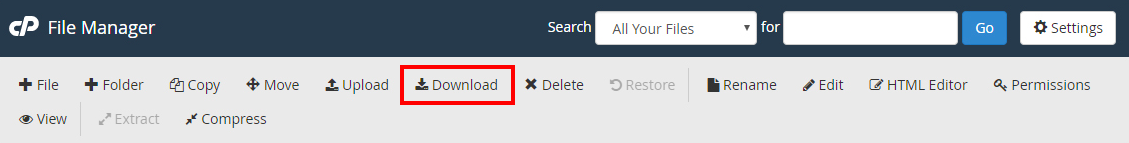 Download button in cPanel's File Manager outlined in red