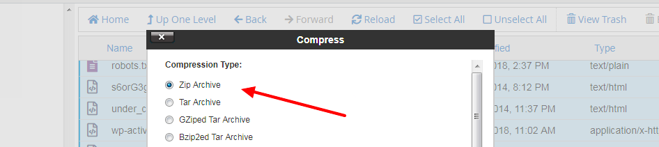 Flèche rouge pointant vers l'option Fichier compressé dans le gestionnaire de fichiers cPanel