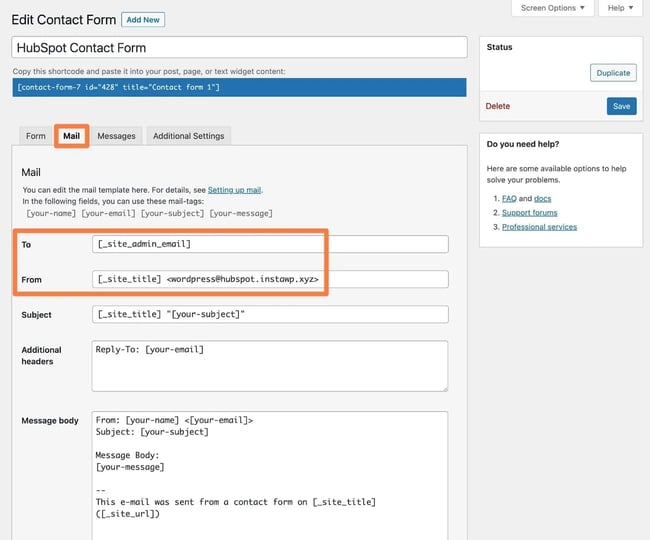 wordpress not sending emails: editing a contact form in wordpress dashboard