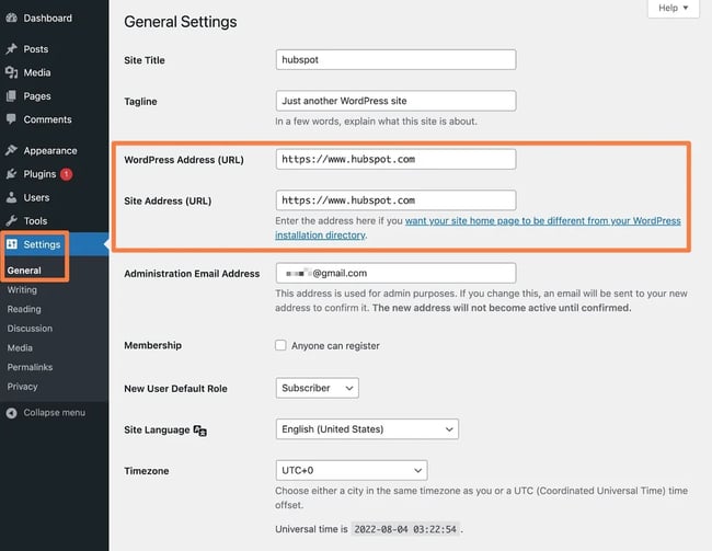 the general settings page in wordpress for fixing the WordPress ERR_TOO_MANY_REDIRECTS error