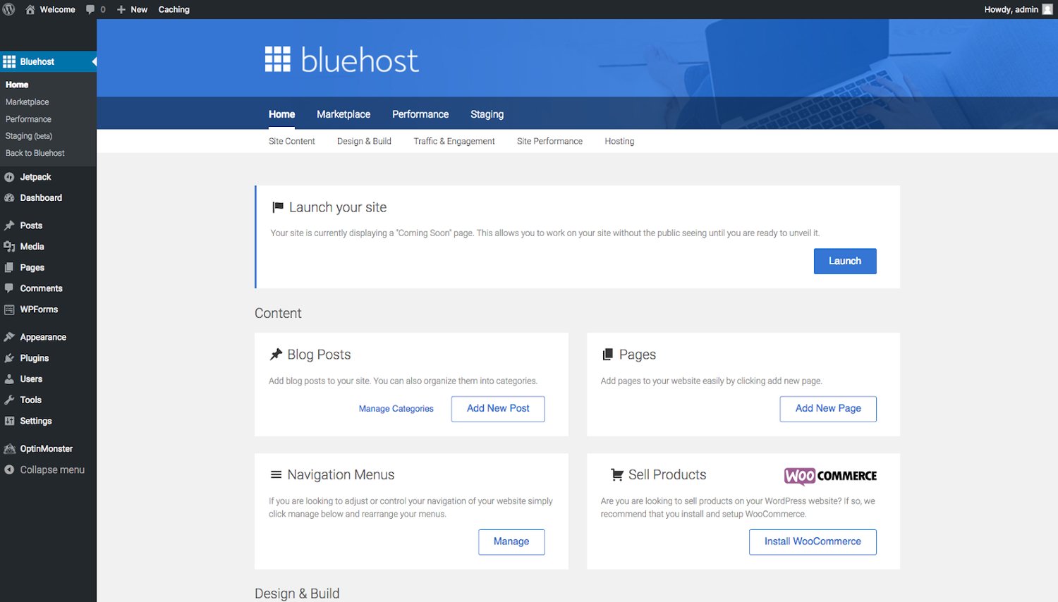 Bluehost menu in WordPress