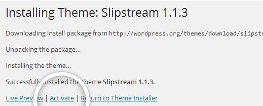 Successful installation message after uploading a WordPress theme.