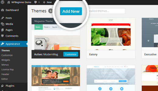 Add New button to upload a WordPress theme.