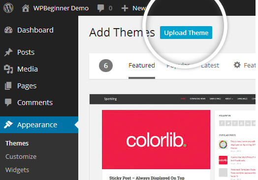 Upload Theme button to upload your own theme on a WordPress site.