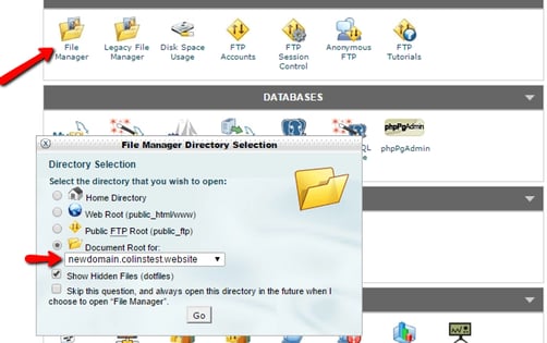 the file manager window in cPanel