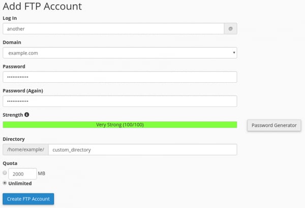 Add FTP Account input box filled in with staging site subdomain info in cPanel