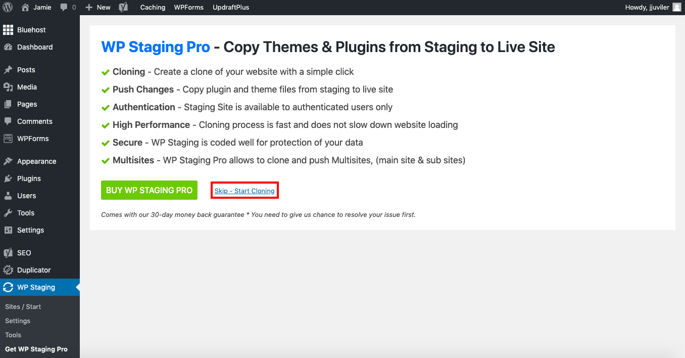 Link labelled "Skip - Start Cloning" outlined in red in WP Staging plugins settings page