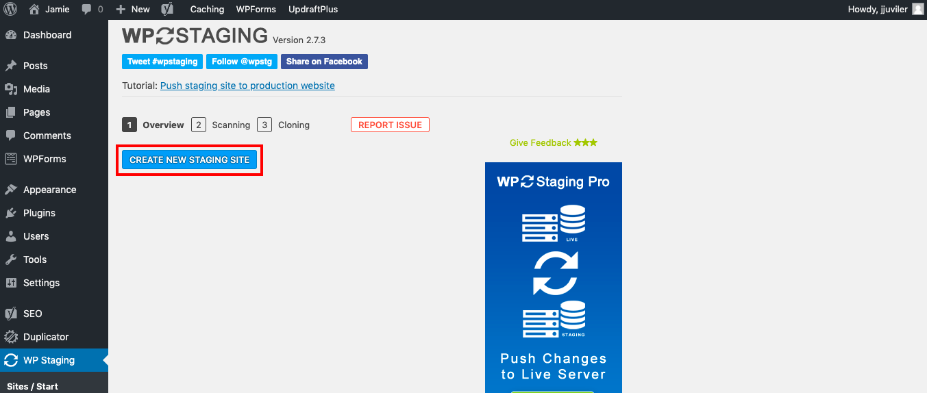 Create New Staging Site button outlined in red in WP Staging plugin settings 