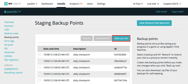 Back up now button outlined in red in WP Engine dashboard