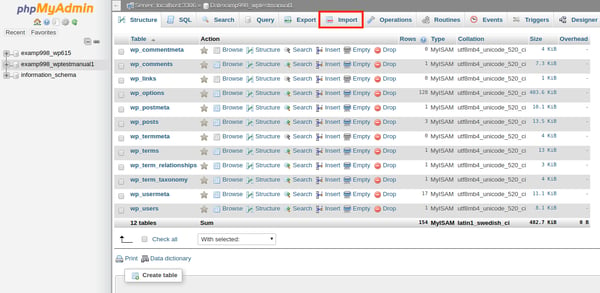 Import button outlined in red in phpMyAdmin in cPanel