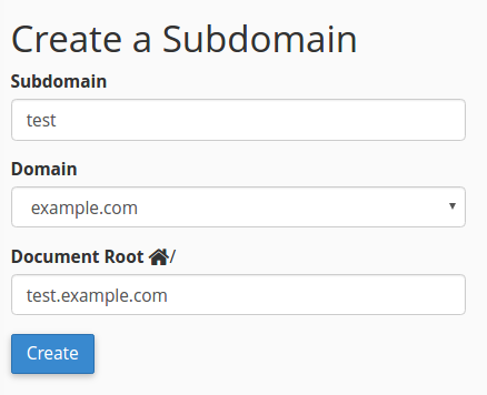 Create a subdomain input box filled in with staging site info in cPanel
