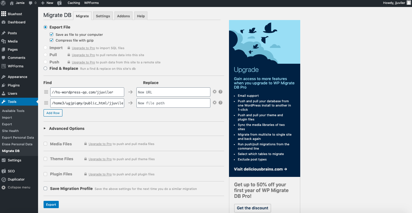 WP Migrate DB plugin settings page in WP dashboard