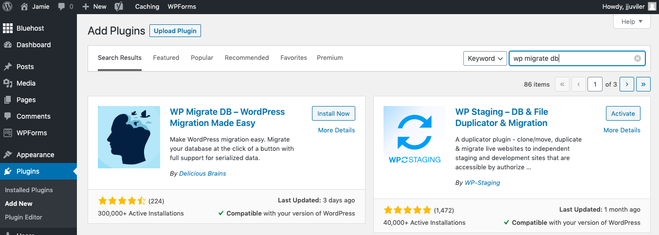 Installing WP Migration DB plugin in WordPress dashboard
