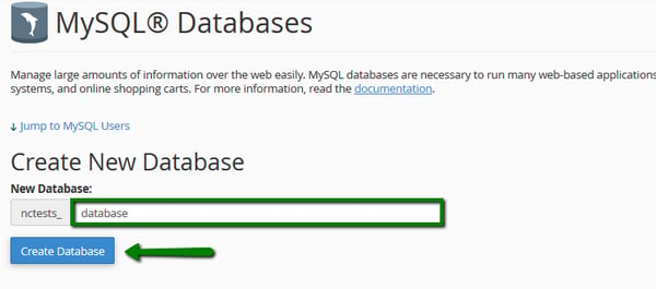 Create New Database input field outlined in green in cPanel