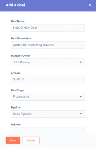 crm deals in hubspot, add a deal and prospect