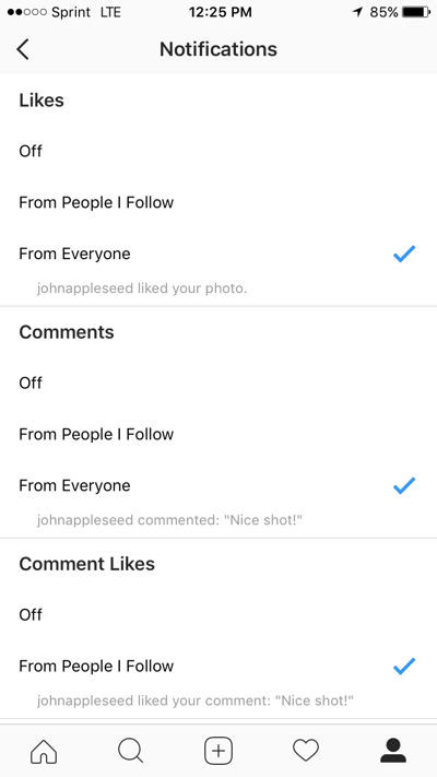notifications option within instagram settings with sections for likes, comments, and comment likes