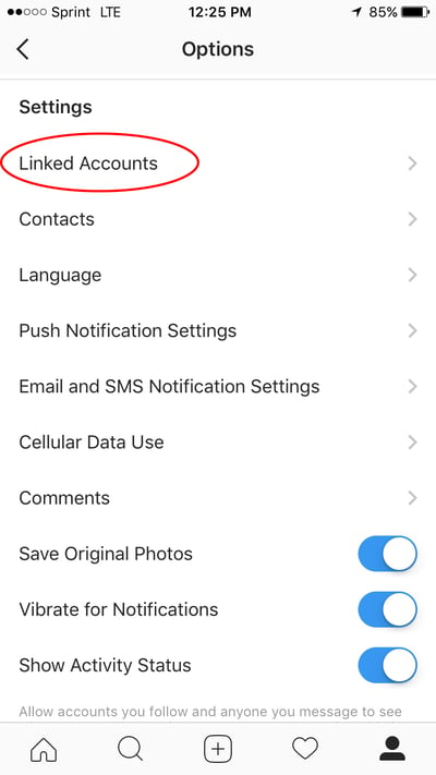 گزینه حساب های پیوندی در تنظیمات اینستاگرام