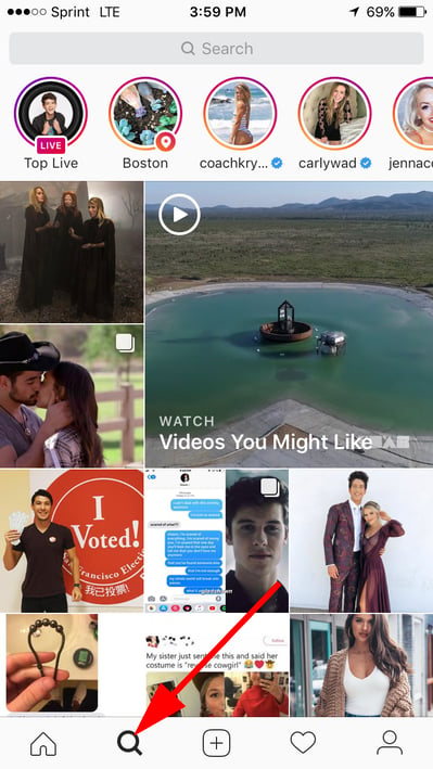 search feature in instagram with magnifier icon
