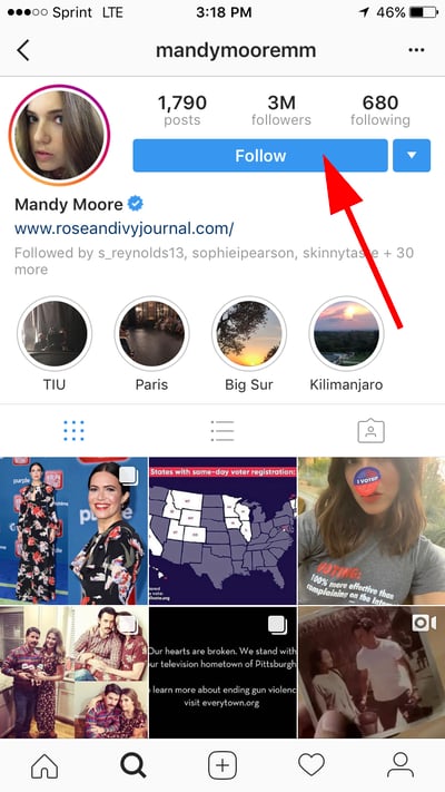 دکمه دنبال کردن در پروفایل mandy moore در instagram