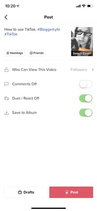 Adjusting post settings and adding a caption on TikTok