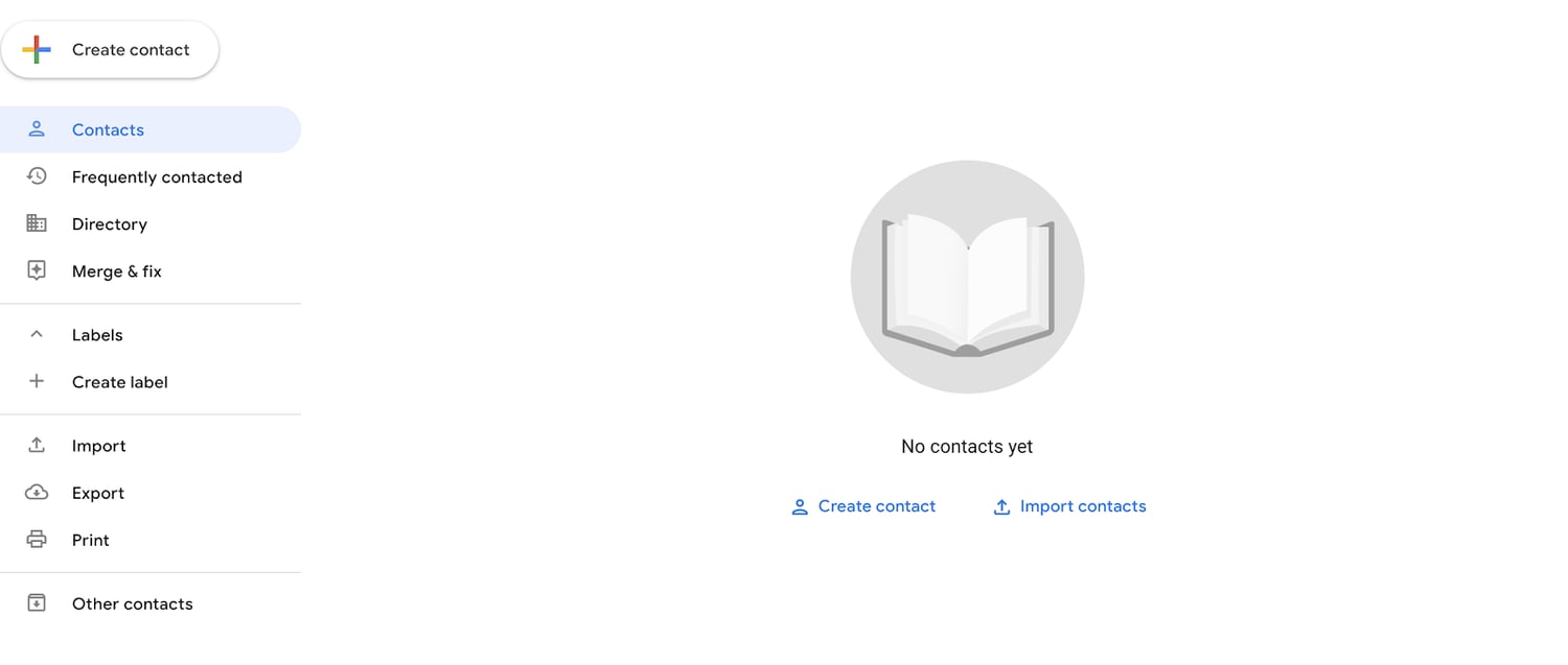 Google Contacts address book displaying the options to import and export contacts