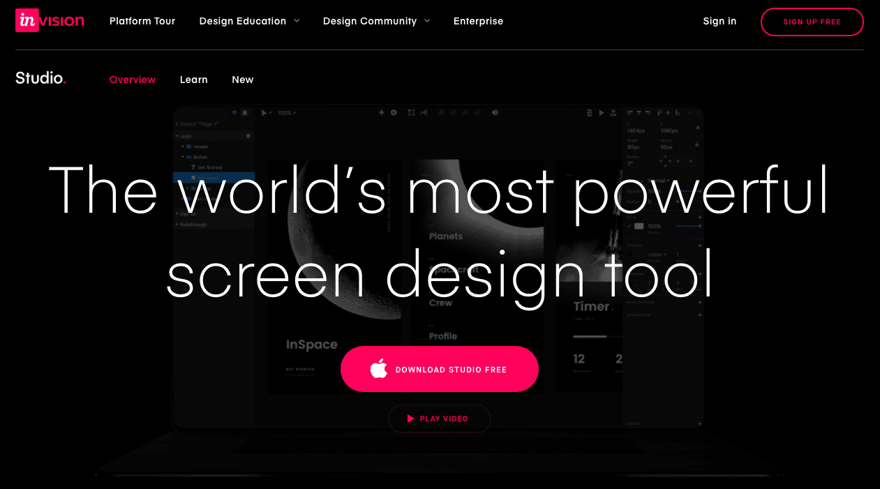 product page for the wireframe tool InVision Studio