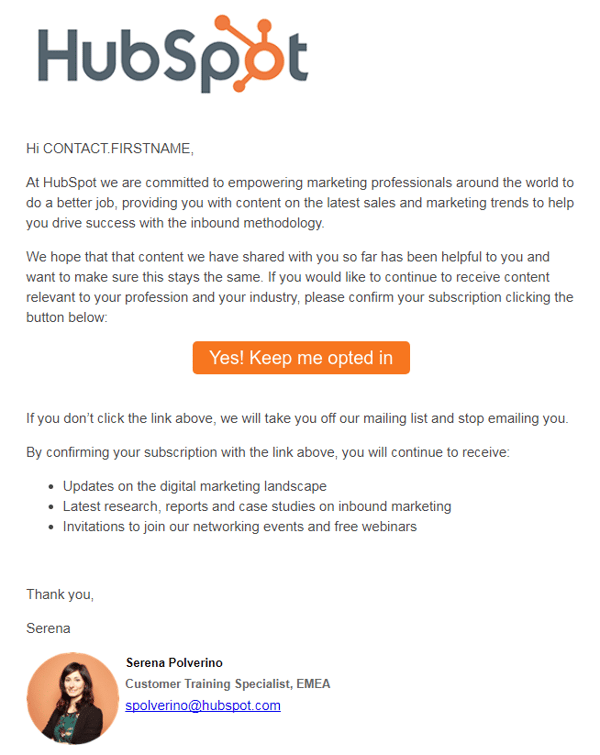 example of permission pass email with hubspot