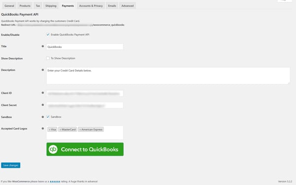 Configuring settings of QuickBooks Payment API plugin