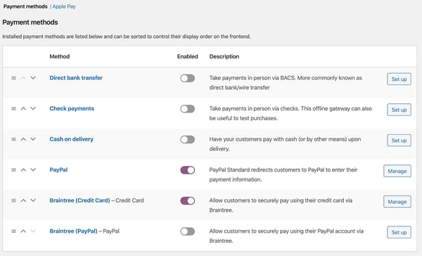 Two payment gateways toggled on in Woocommerce settings