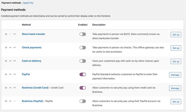 Two payment gateways toggled on in Woocommerce settings