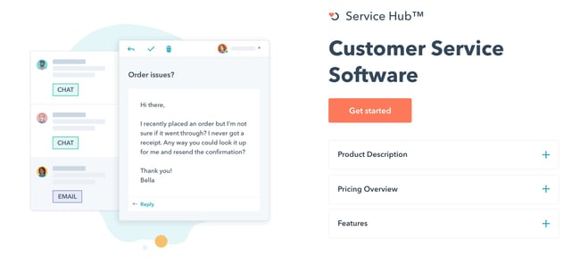HubSpot Service Hub Help Desk Software with Animated webpages and an orange button to get started