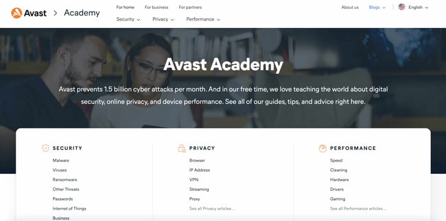 homepage for the hubspot cms hub website example avast academy