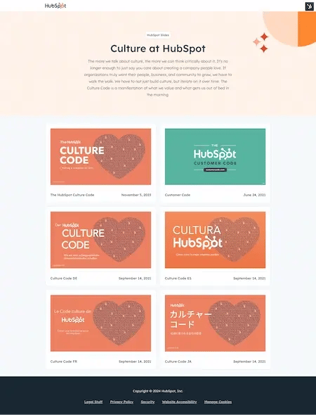 Screenshot showing HubSpot’s website for its Culture Code slide deck, available in six different variations and languages.