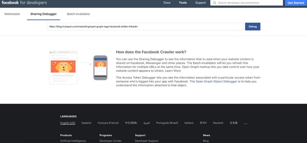 Facebook debugger tool homepage.