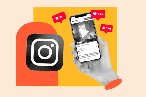 instagram video examples: image shows a phone holding a phone with an instagram video on it, and an instagram icon next to the phone 
