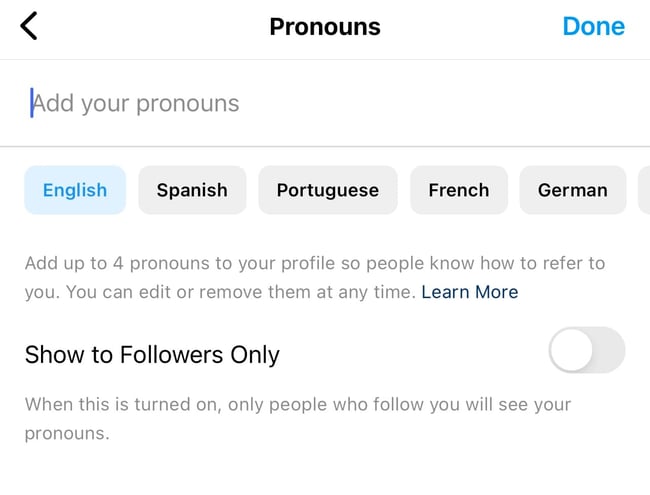 inclusive design: image shows instagram's section where you can add your pronouns