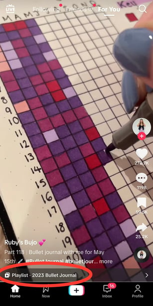 Screenshot of a TikTok video about journaling. At the bottom of the video is a search bar with a keywords associated with the topic of the video. 
