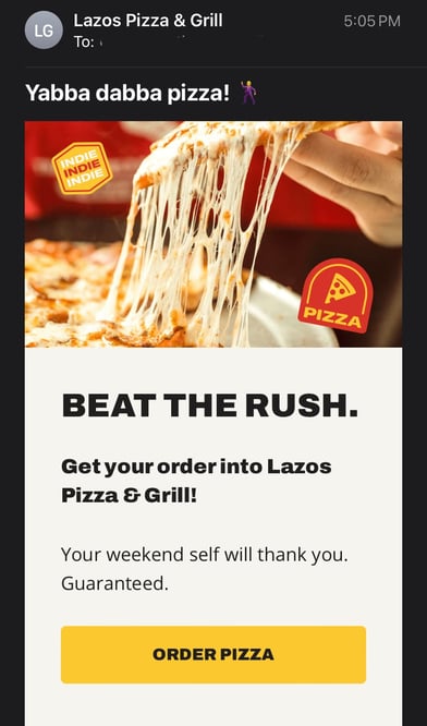 Screenshot of Lazo's Pizza promotional email, which uses two typefaces in its content.