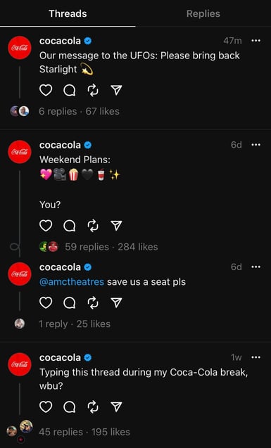 Screenshot of Coca-cola's posts connected Threads