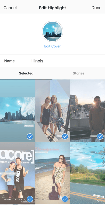selecting an image to add to instagram highlights