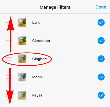 instagram filters with arrows showing you can move filters up or down