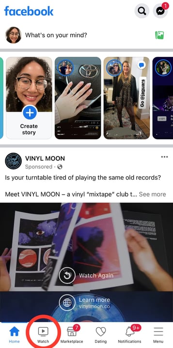 Facebook News Feed with the Watch tab circled in red