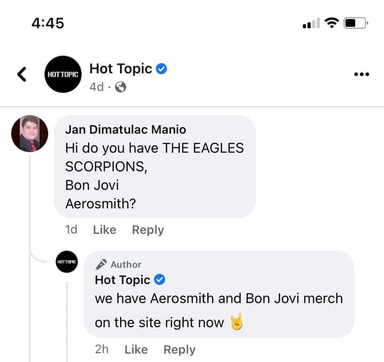 Hot Topic's Facebook page answers a question by a follower. 