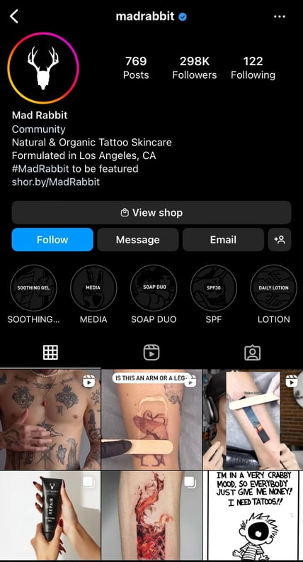 A screenshot of the Mad Rabbit tattoo Instagram page.