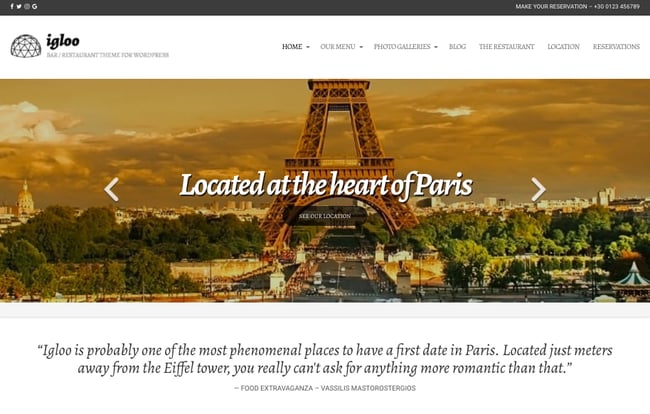 restaurant wordpress themes: Igloo demo features image slider and block quote