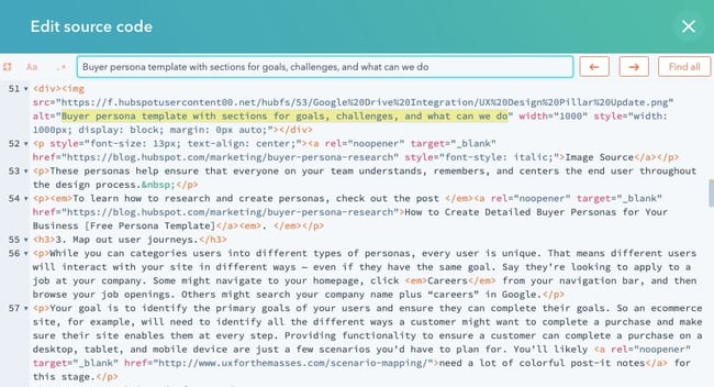 Image alt text tag highlighted in the HTML source code of a blog post in CMS Hub