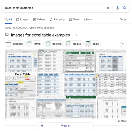 Image pack for longtail keyword excel table examples on a Google search engine results page